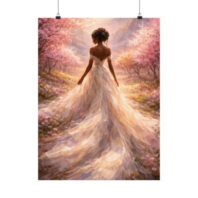 Bridal Silhouette in Cherry Blossom Garden Matte Vertical Poster | Romantic Art Print