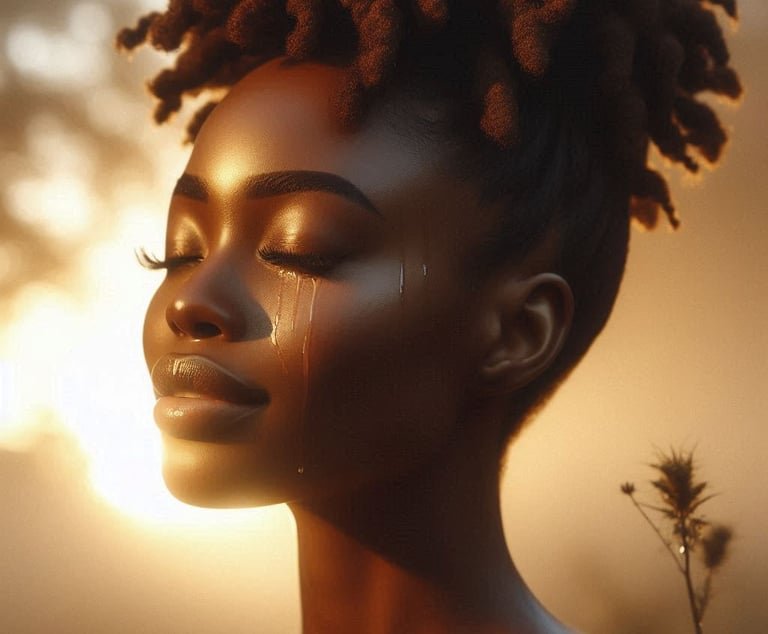 : Woman with bantu knots face toward sky in emotional release moment