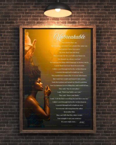 Unbreakable - Black Woman Phoenix Rising Digital Wall Art with Empowerment Poem