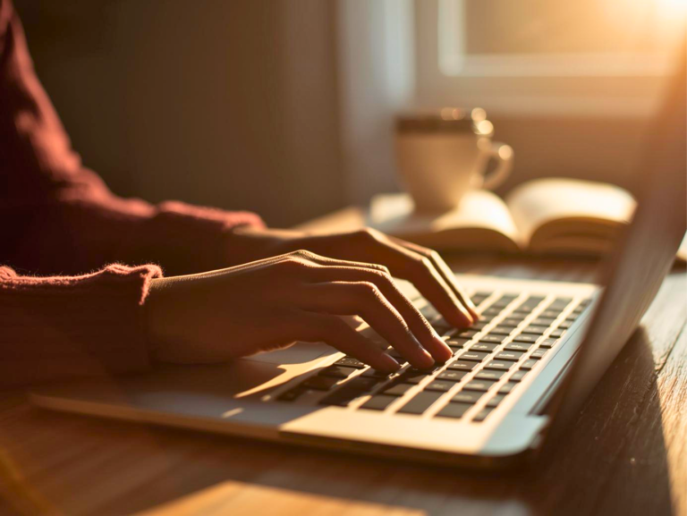 "Black woman's hands working on laptop at wooden desk on Sunday evening with burgundy sweater and coffee in background"
