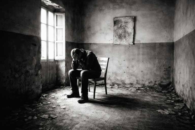 Black-and-white photograph of a solitary person sitting on a chair in an empty, worn room, light streaming through a window, conveying emotional exhaustion, isolation, and burnout.