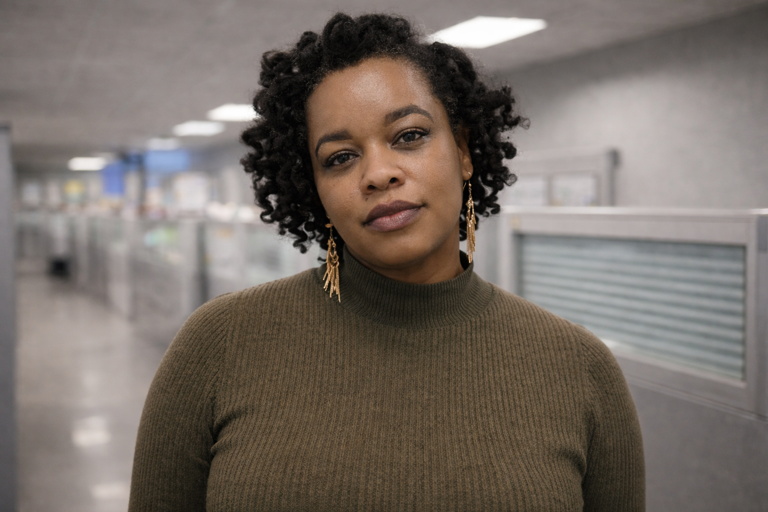 Black woman standing indoors in an office setting, looking directly at the camera with a calm expression