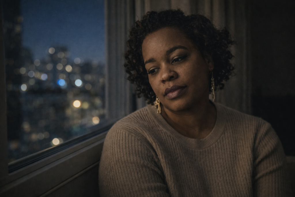 Black woman sitting near a window at night with city lights in the background, looking thoughtful in low light
