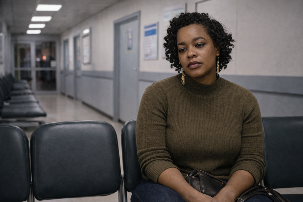 Black woman sitting alone in a medical waiting room, hands resting in her lap, appearing tired