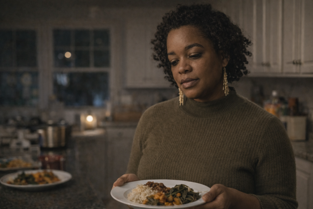 Black woman standing in a kitchen holding a plate of food, pausing before eating in warm evening light