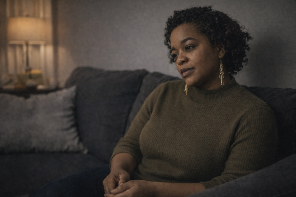 Black woman sitting on a couch in a dimly lit room, looking off to the side in quiet reflection