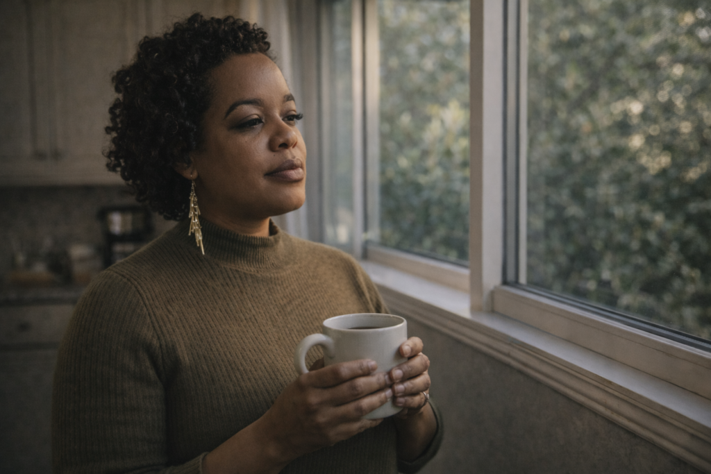 Black woman holding a coffee mug near a kitchen window in natural morning light