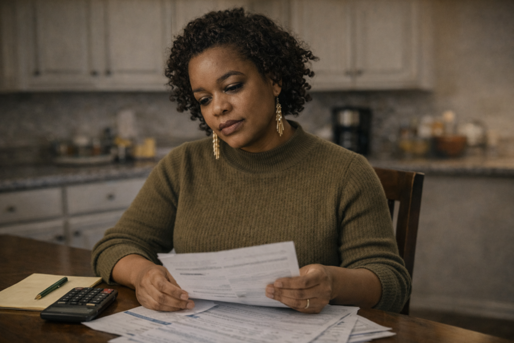 Black woman sitting at a kitchen table reviewing paperwork and bills during the day