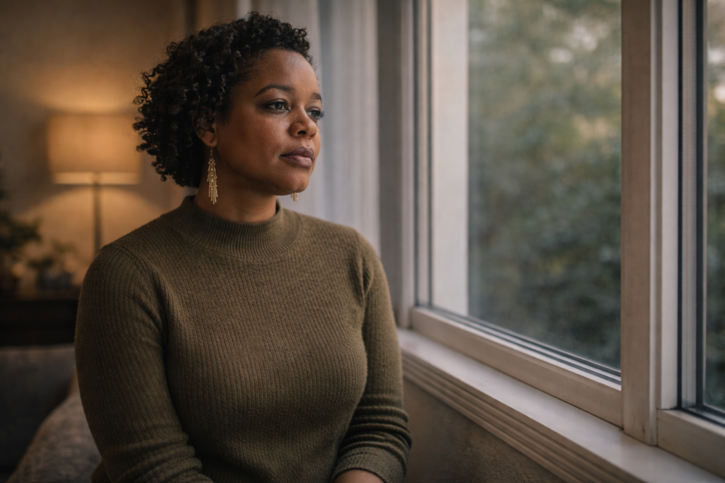 Black woman seated near a window in soft natural light, looking outward quietly in a calm, reflective moment