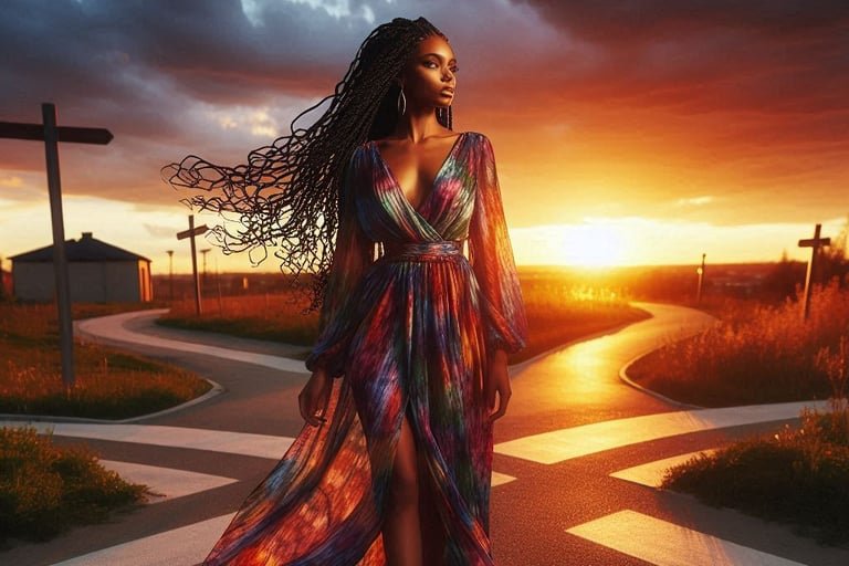 Woman with long knotless braids standing at crossroads during sunset