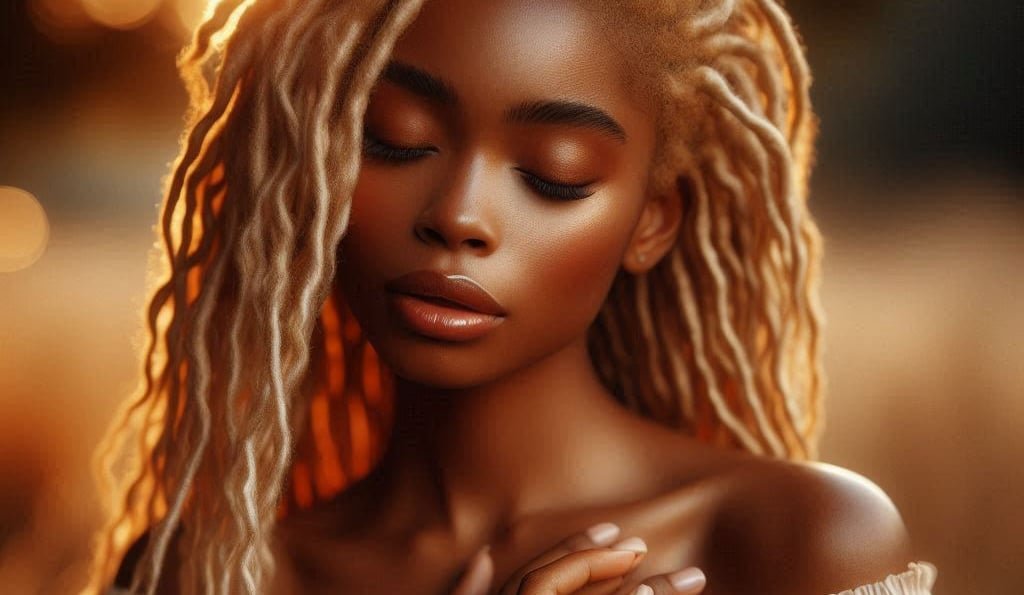 African American woman with sisterlocks in peaceful contemplation with hand on heart