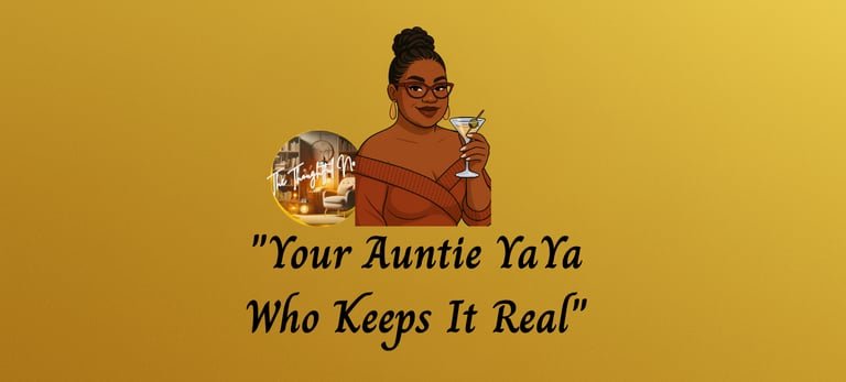 Warm smiling auntie with locs in bun holding cocktail